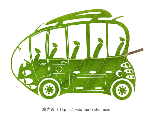 用叶子做的剪影画绿色欧元公交车